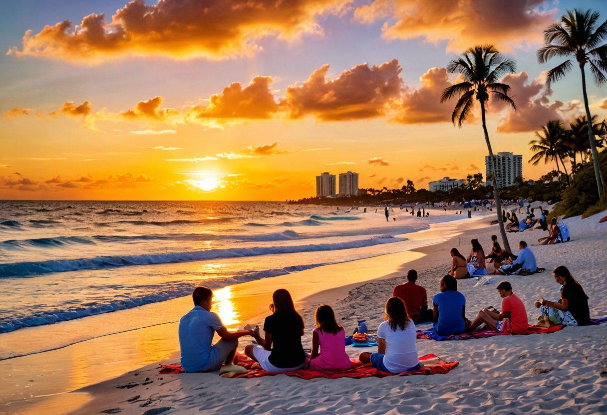 A picturesque sunset over Fort Lauderdale, showcasing a diverse crowd enjoying a romantic picnic on the beach with families playing nearby. Vibrant colors of love and community vibrate through the scene, with couples holding hands and children building sandcastles. Apply a warm, inviting tone that captures the essence of togetherness. vibrant colors. super-realistic.