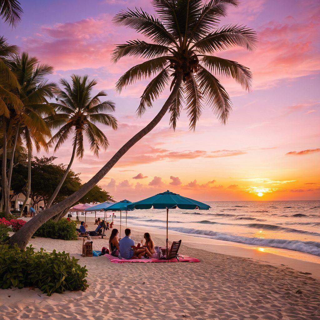A lush tropical beach scene in Fort Lauderdale, with couples enjoying a romantic picnic under a palm tree, and families building sandcastles nearby. The sun sets in vibrant hues of orange and pink, casting a warm glow over the sand. Hidden gems like quaint cafes and cozy spots can be subtly featured in the background. super-realistic. vibrant colors. soft focus.